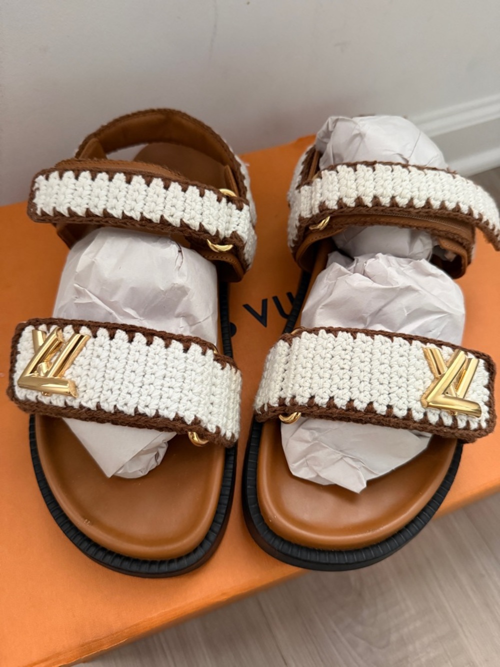 Louis Vuitton White Crochet & Brown Leather Flat Sandals with Gold LV